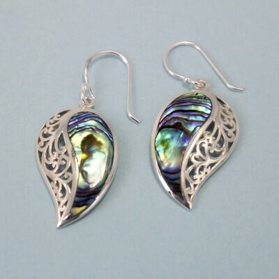 Silver Abalone Shell Paisley Dangle Earrings with Swirling Decor