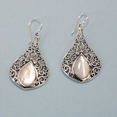 Silver Mother of Pearl Shell Dangle Earrings with Floral Antiqued Design