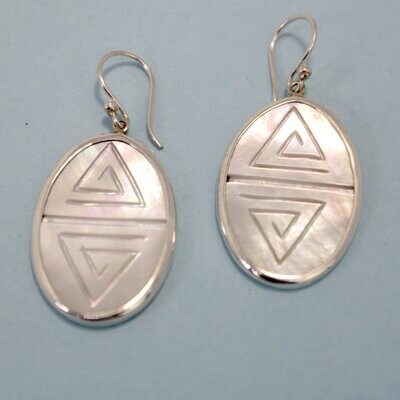 Silver Engraved Mother of Pearl Shell Dangle Oval Earrings
