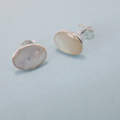 Silver Mother of Pearl Shell Oval Stud Earrings