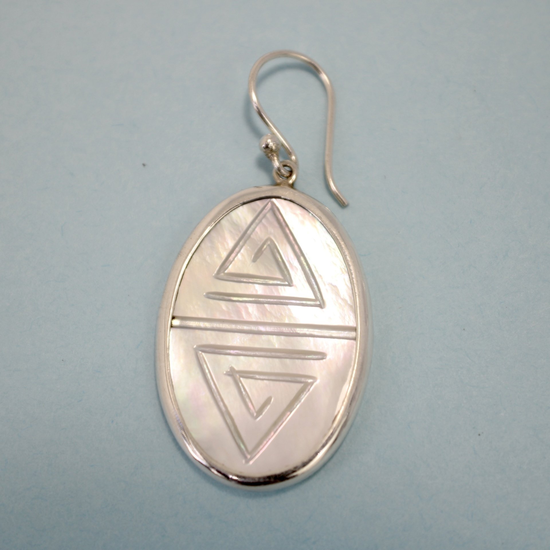 Silver Engraved Mother of Pearl Shell Dangle Oval Earrings