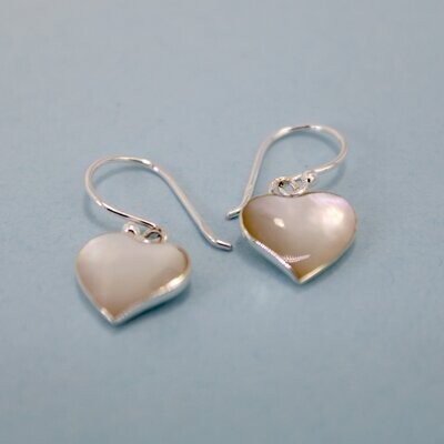 Silver Mother of Pearl Shell Slanted Heart Dangle Earrings