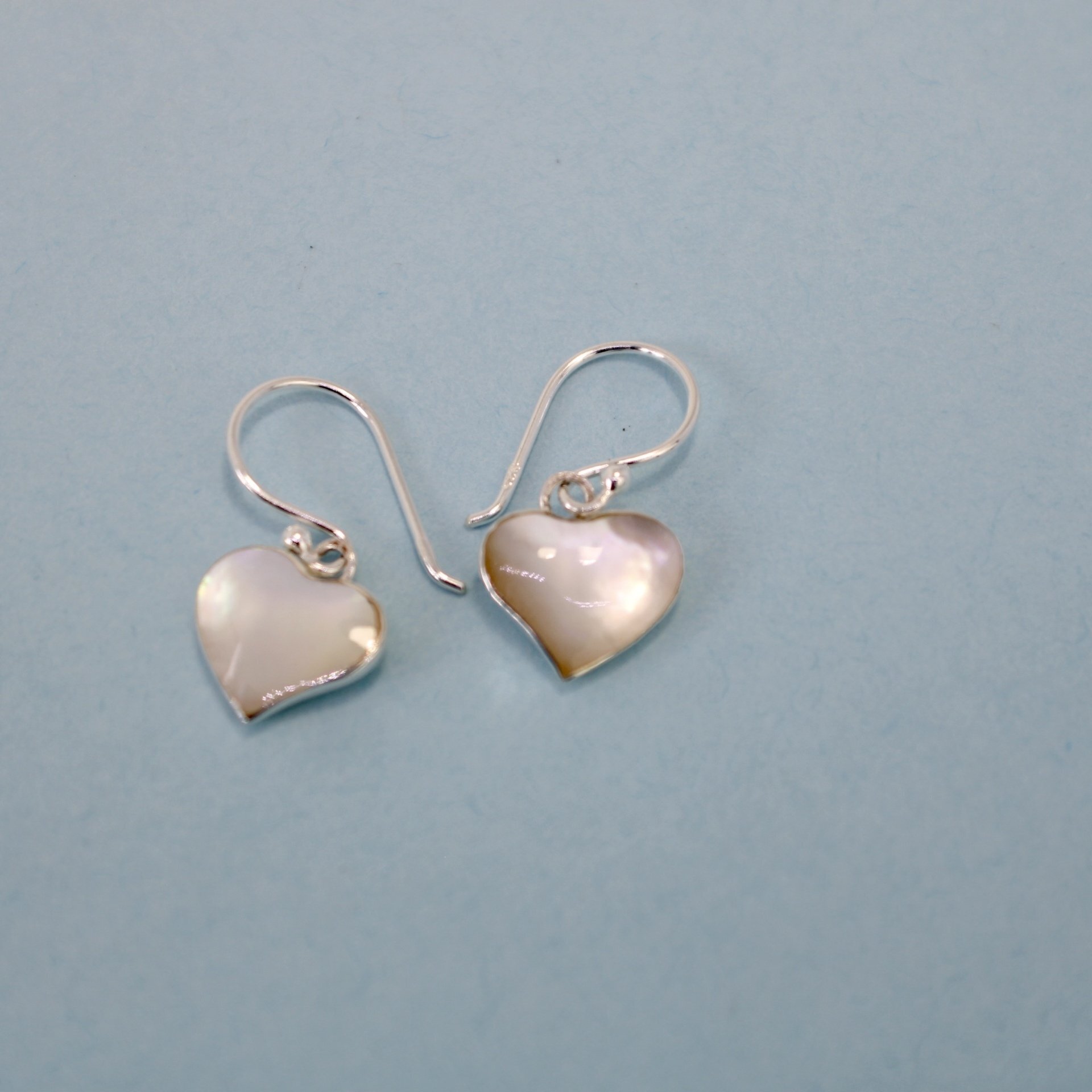 Silver Mother of Pearl Shell Slanted Heart Dangle Earrings