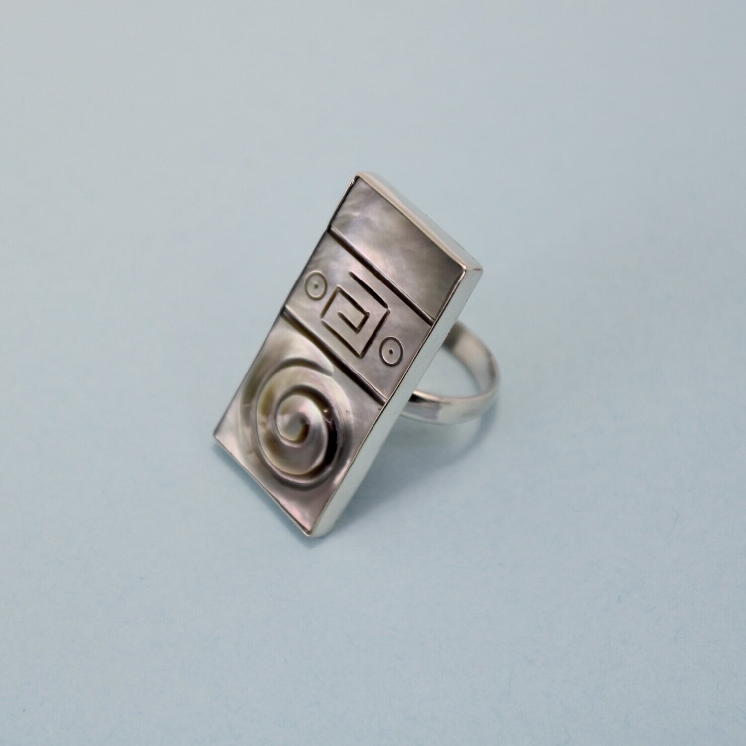 Engraved Mother of Pearl 925 Silver Rectangle Adjustable Ring