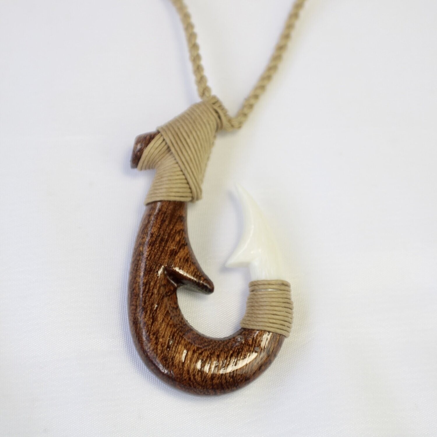 Koa and Bone Fish Hook Pendant on Adjustable Hand Braided Tan Cord