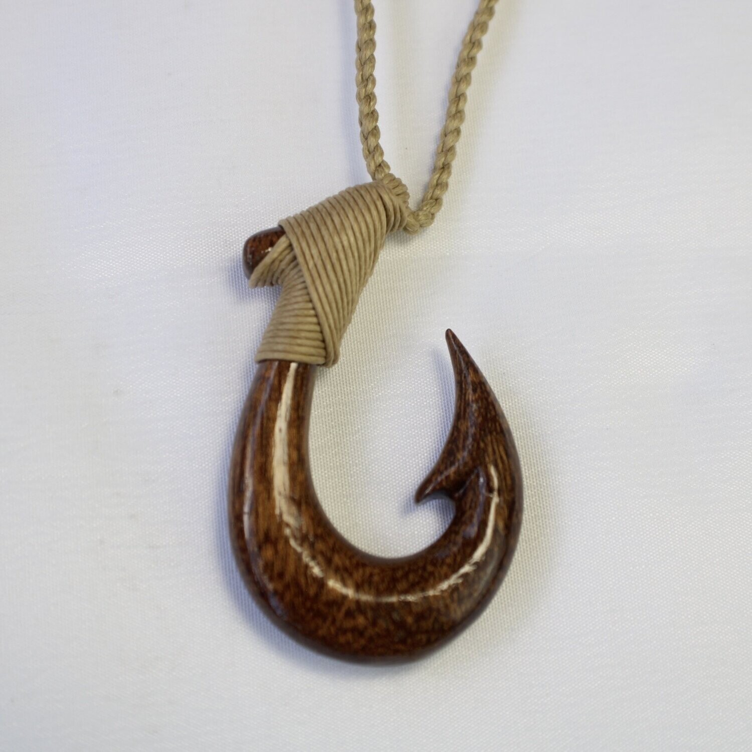 Koa Fish Hook Pendant on Adjustable Hand Braided Tan Cord