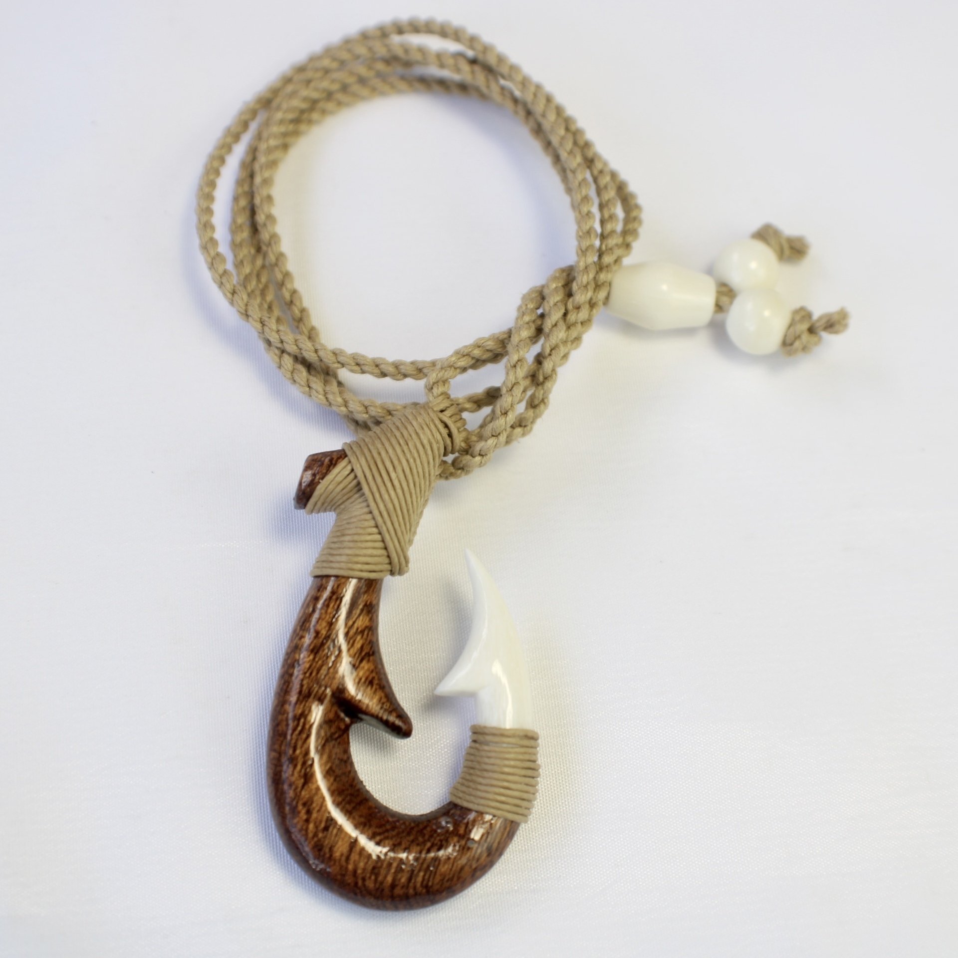 Koa and Bone Fish Hook Pendant on Adjustable Hand Braided Tan Cord