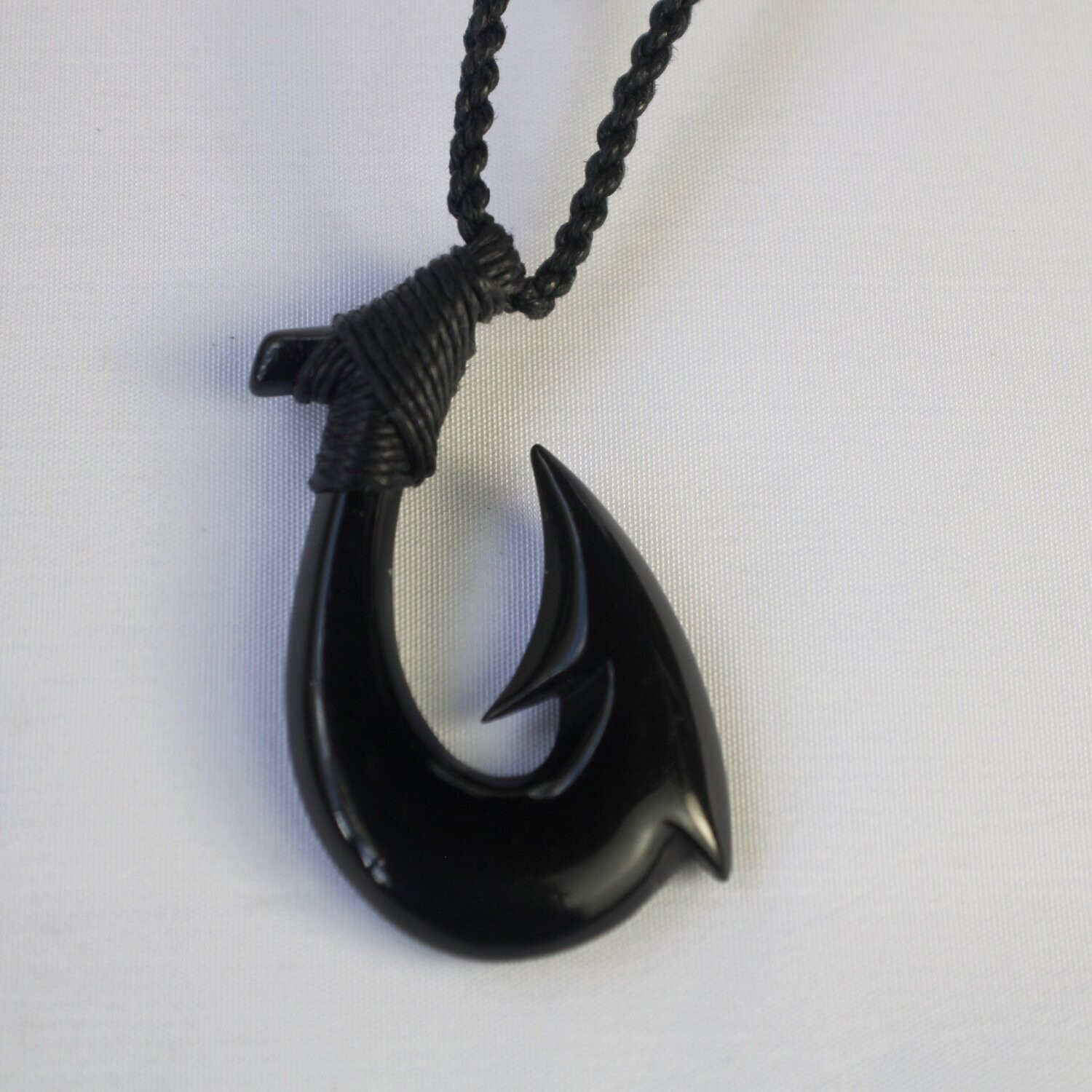 Black Buffalo Bone Fish Hook Necklace on Adjustable Hand Braided Cord