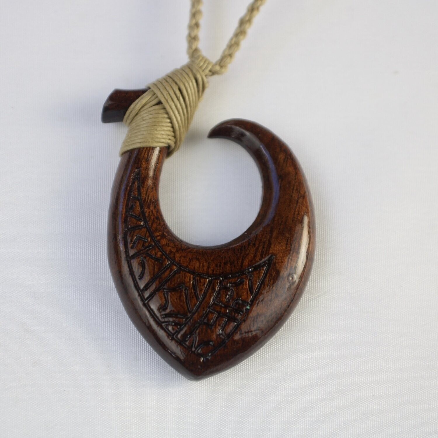 Koa Fish Hook Tribal Design Pendant on Adjustable Hand Braided Tan Cord