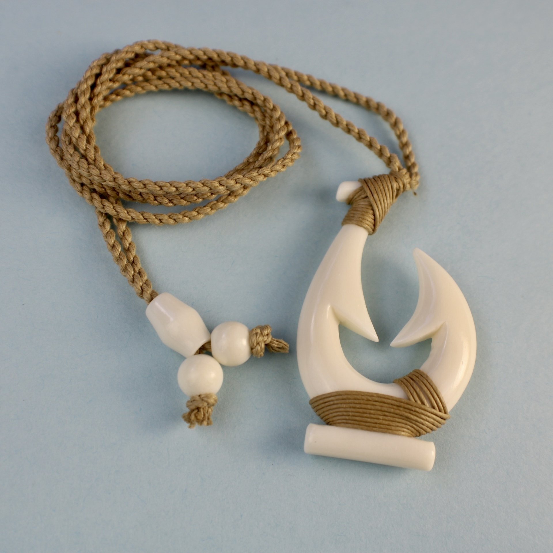 Hawaiian Bone Composite Fish Hook Pendant on Adjustable Hand Braided Cord