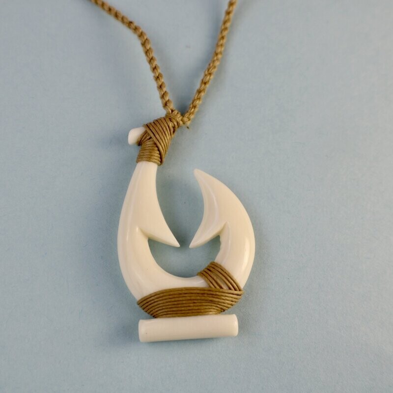 Hawaiian Bone Composite Fish Hook Pendant on Adjustable Hand Braided Cord