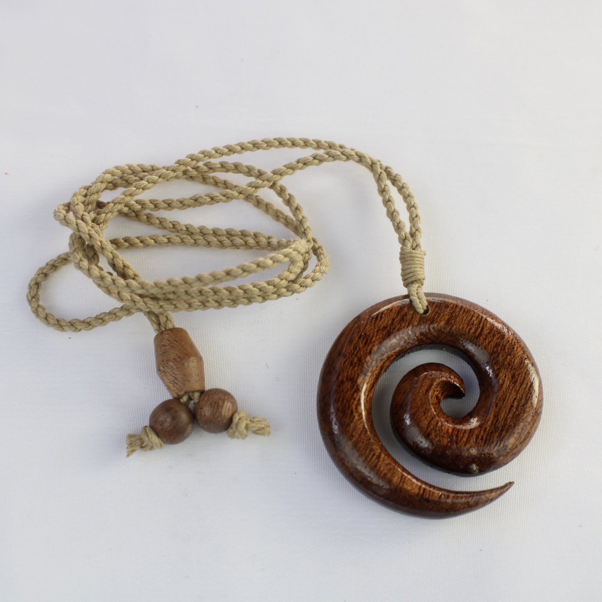 Hawaiian Koa Wood Koru Spiral Pendant on Adjustable Hand Braided Tan Cord