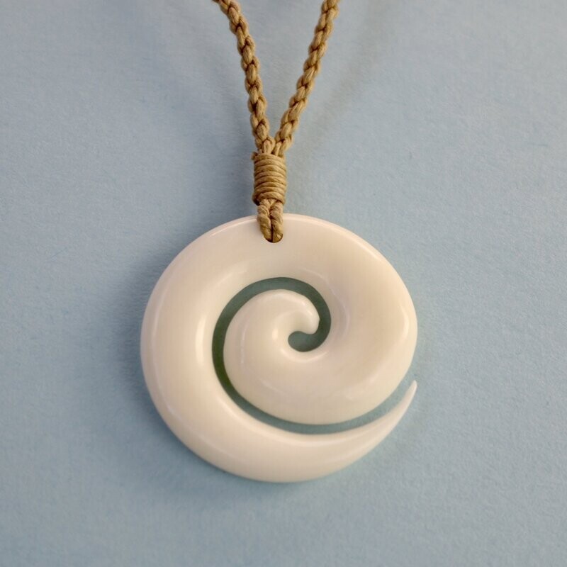 Hawaiian Bone Koru Spiral Pendant on Hand Braided Adjustable Tan Cord