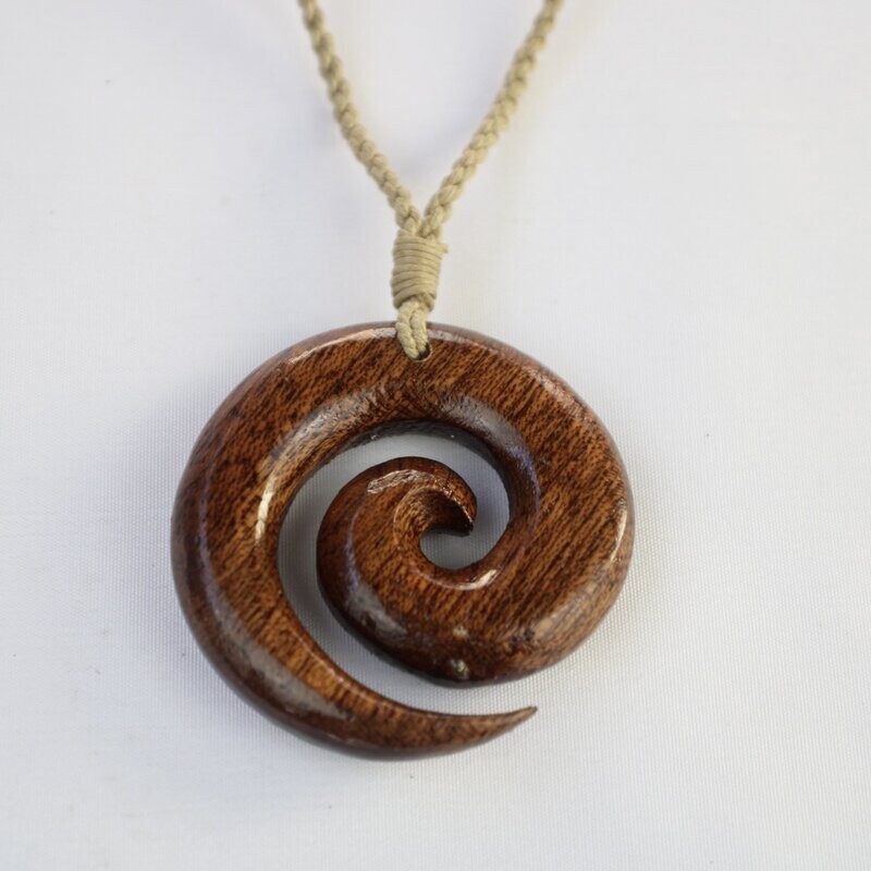 Hawaiian Koa Wood Koru Spiral Pendant on Adjustable Hand Braided Tan Cord