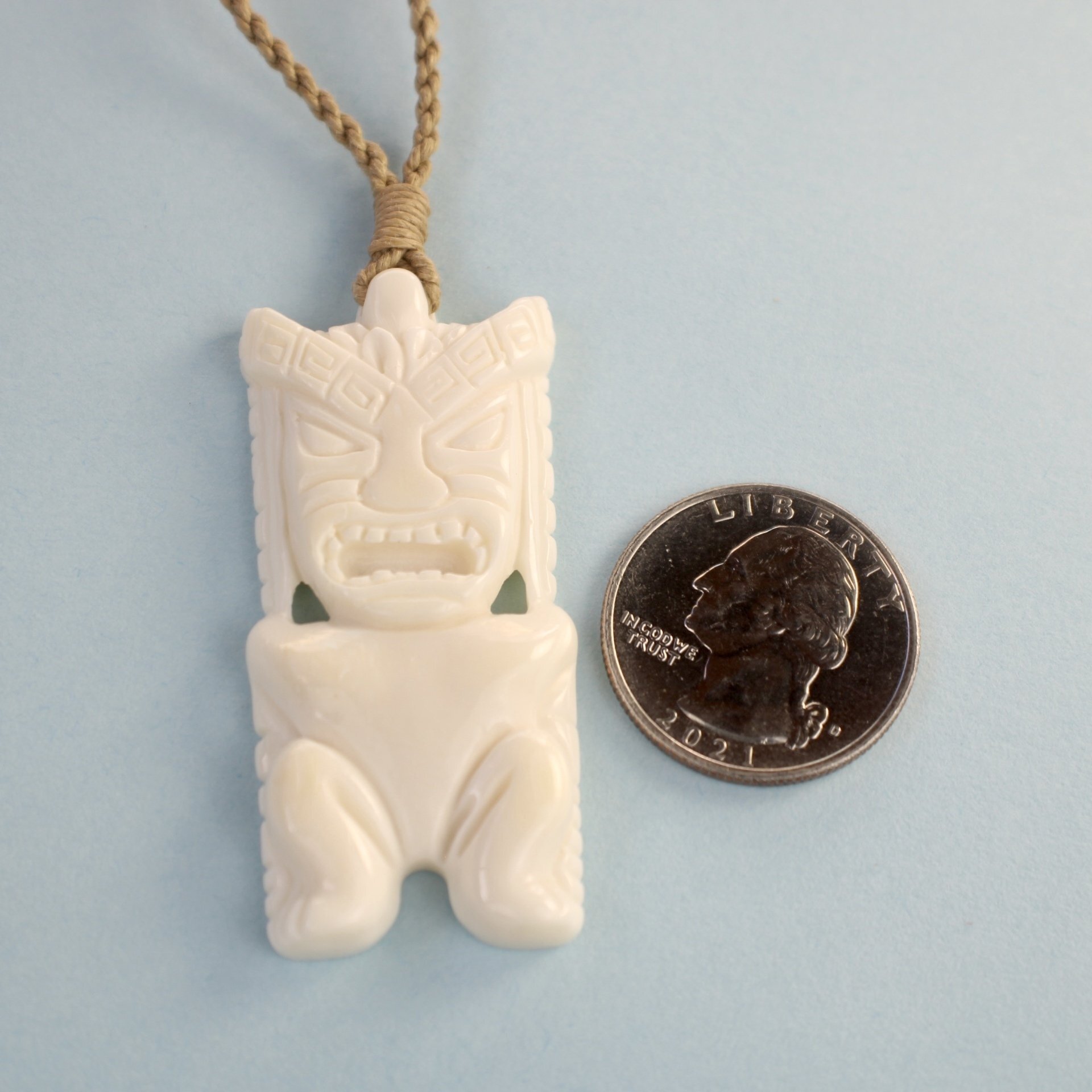 Hawaiian Bone Tiki Pendant on Adjustable Hand Braided Tan Cord