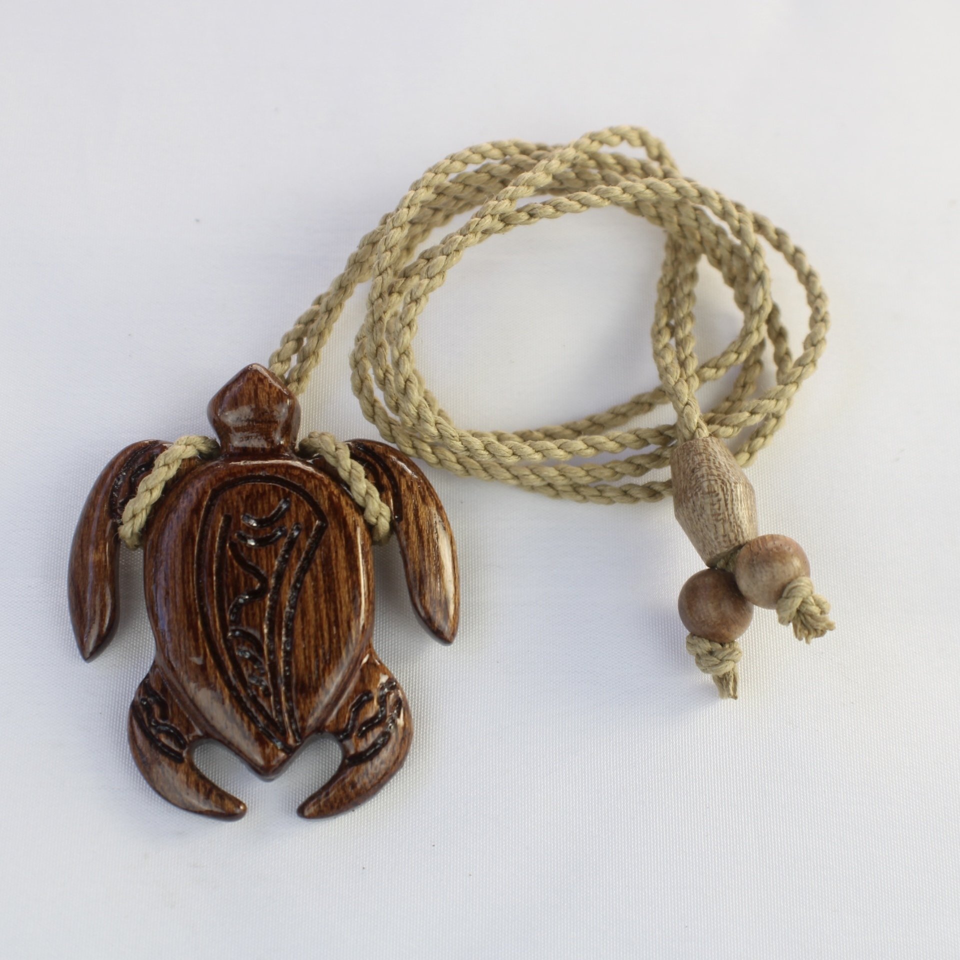 Hawaiian Koa Wood Honu Turtle Pendant on Adjustable Hand Braided Tan Cord