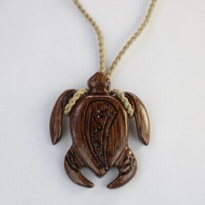 Hawaiian Koa Wood Honu Turtle Pendant on Adjustable Hand Braided Tan Cord