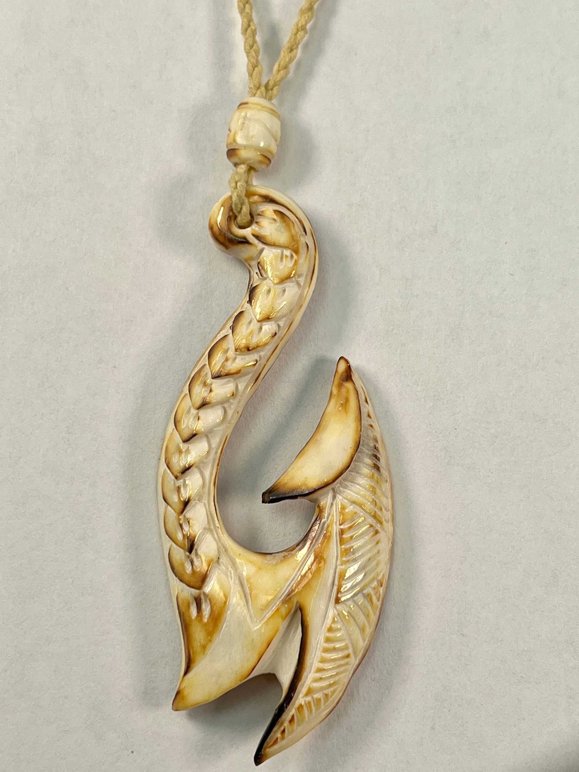 Tribal Bone Hawaiian Fish Hook Pendant on Adjustable Hand Braided Tan Cord