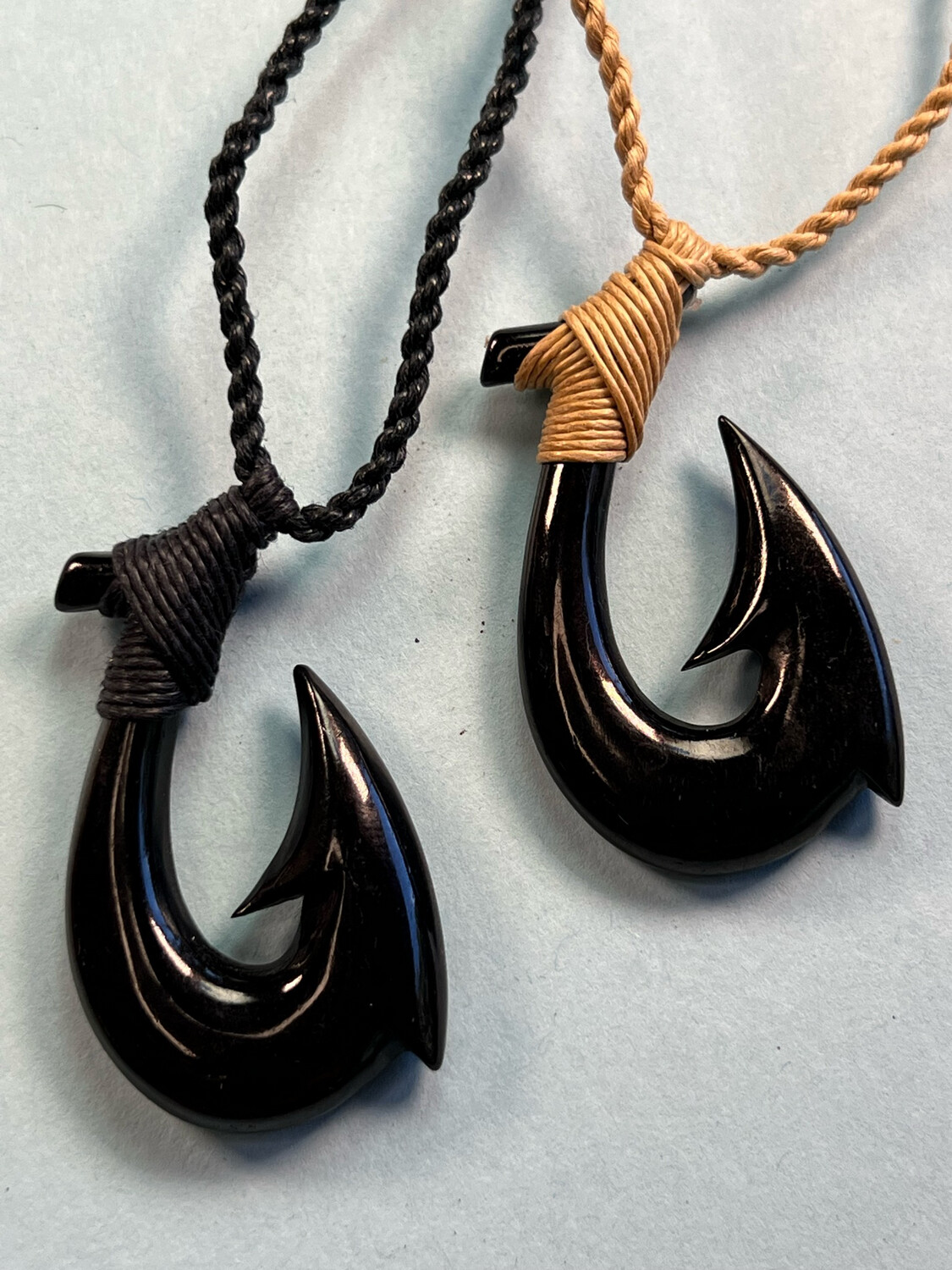 Black Buffalo Bone Fish Hook Pendant on Adjustable Hand Braided Cord