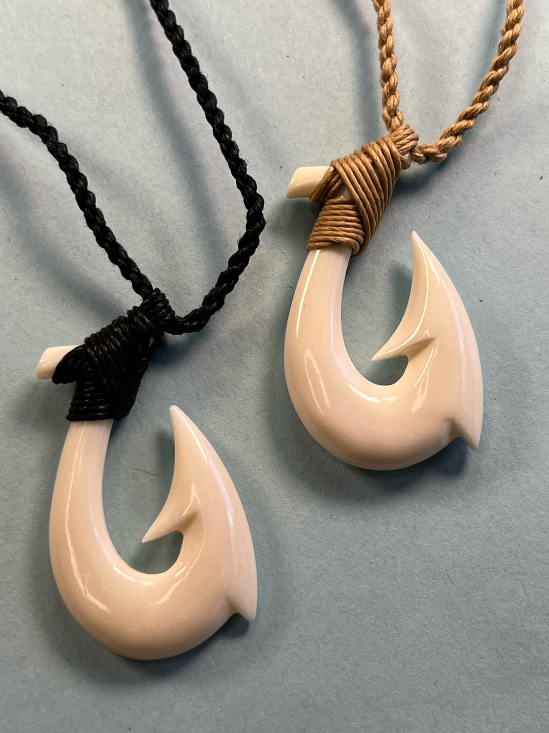 Hawaiian Bone Fish Hook Pendant on Adjustable Hand Braided Black or Tan Cord