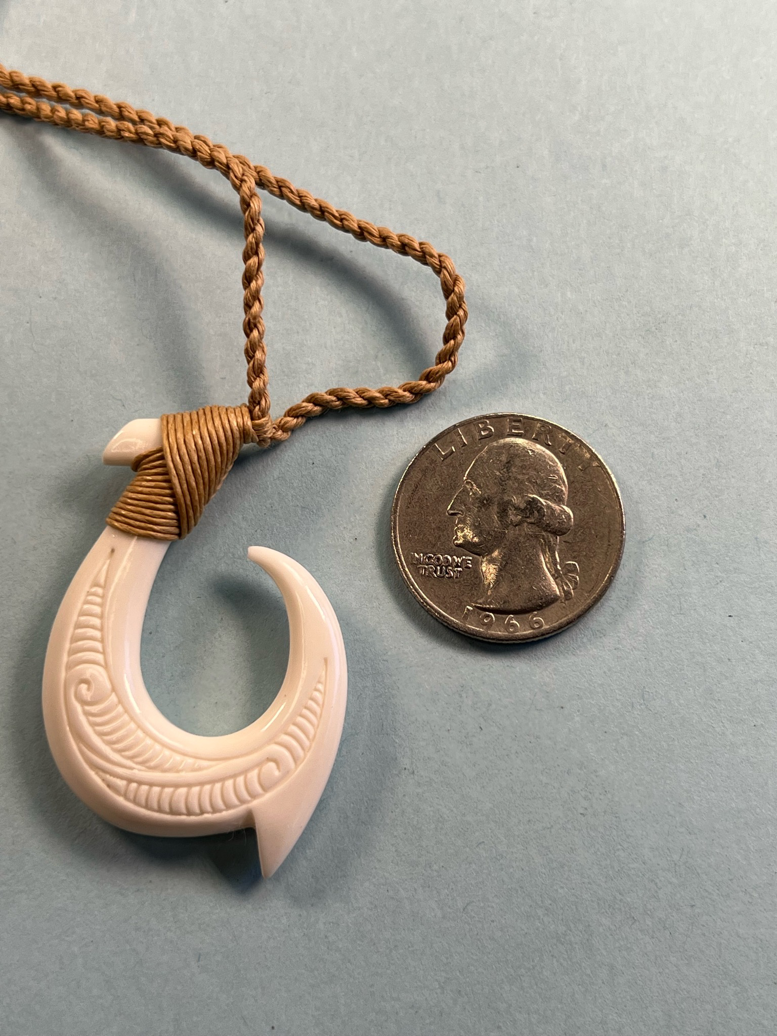 Hawaiian Bone Tribal Fish Hook Pendant on Adjustable Hand Braided Tan Cord