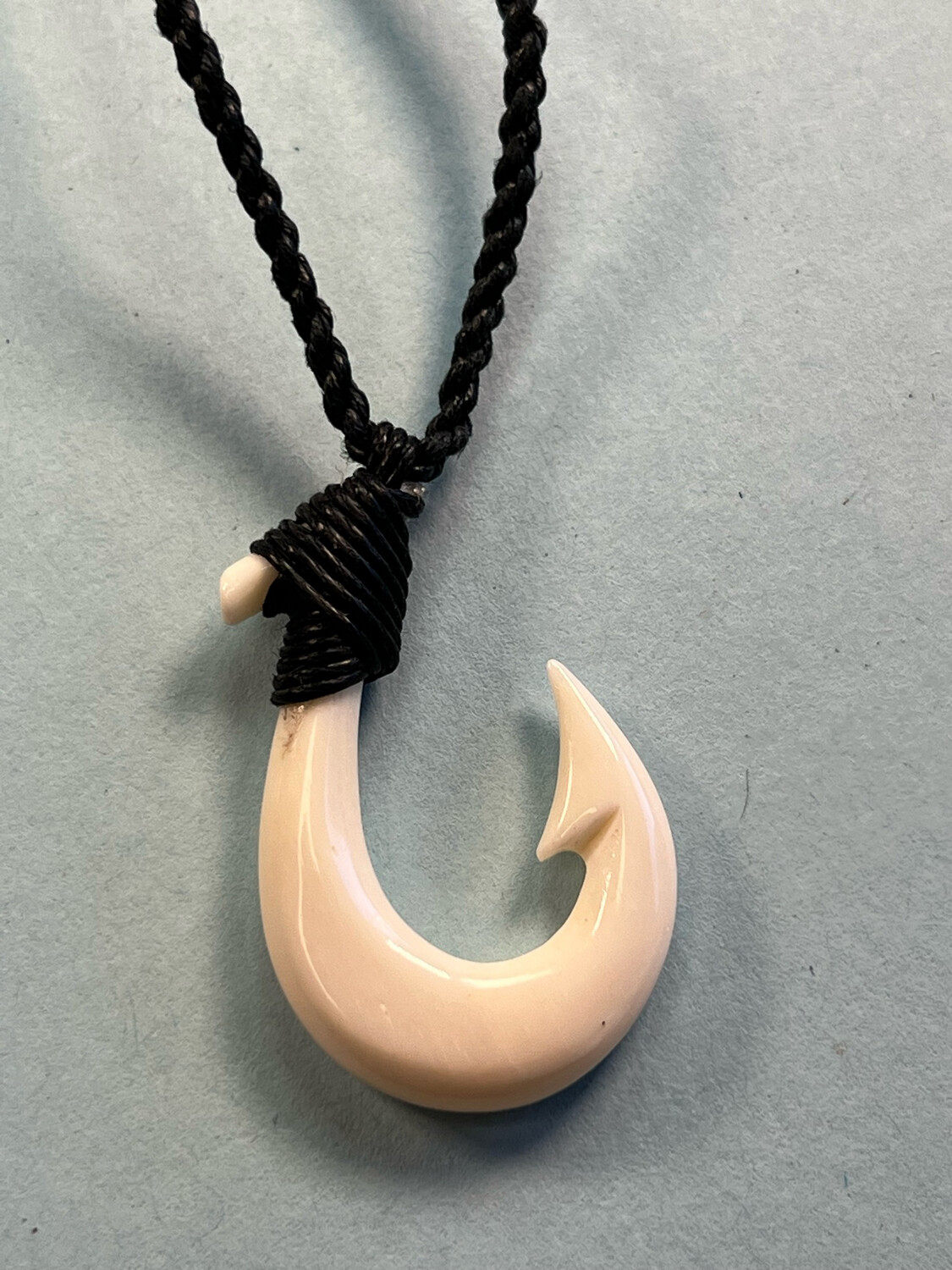 Hawaiian Bone Fish Hook Pendant on Adjustable Hand Braided Cord, Cord Color: Black Cord