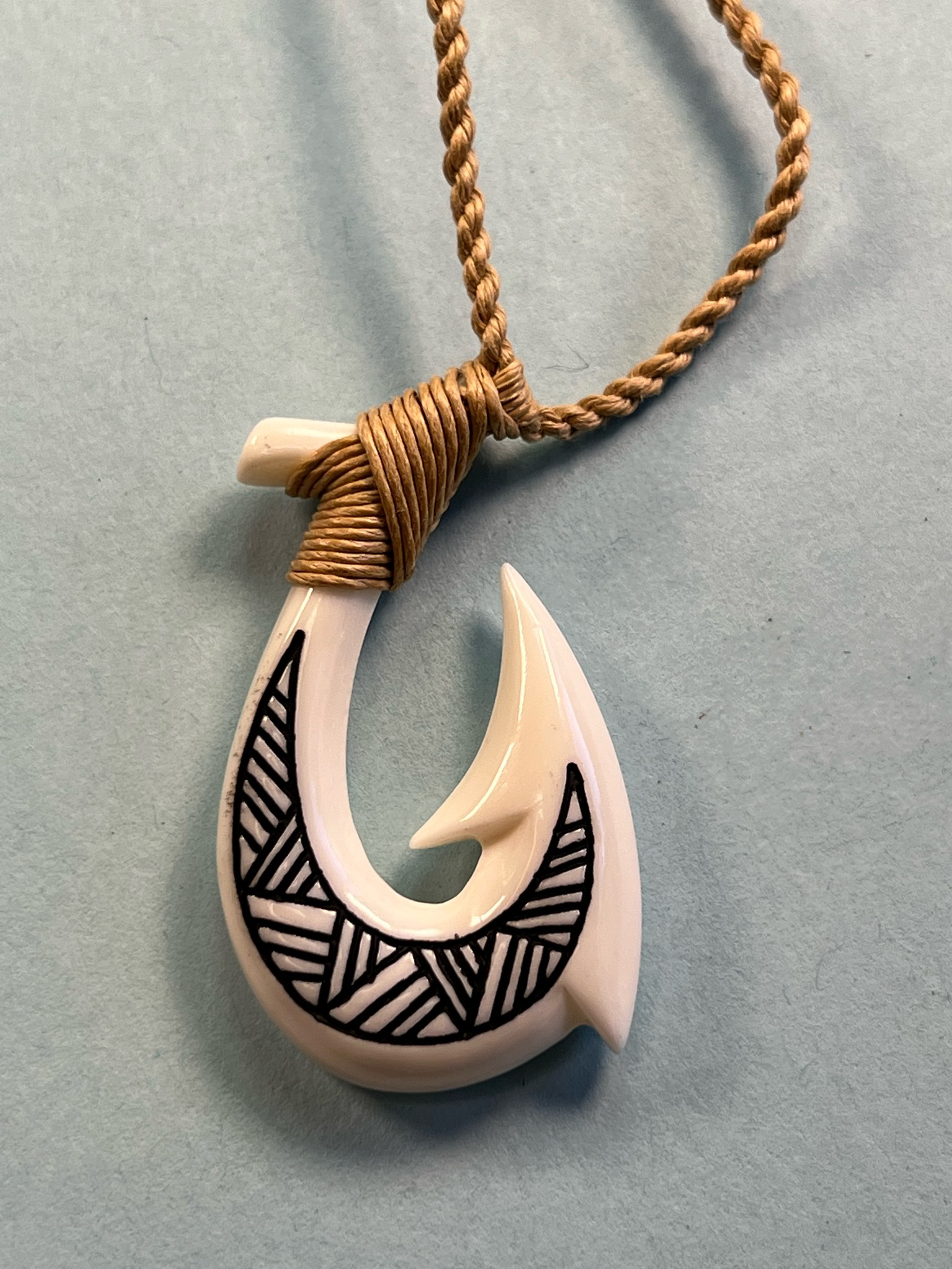Hawaiian Bone Fish Hook with Tribal Design Pendant on Adjustable Hand Braided Cord