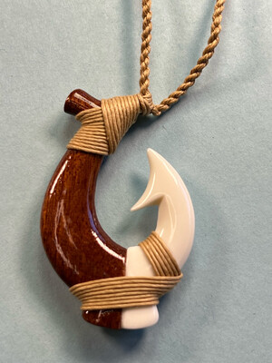 Hawaiian Koa and Bone Composite Fish Hook Pendant on Adjustable Hand Braided Tan Cord