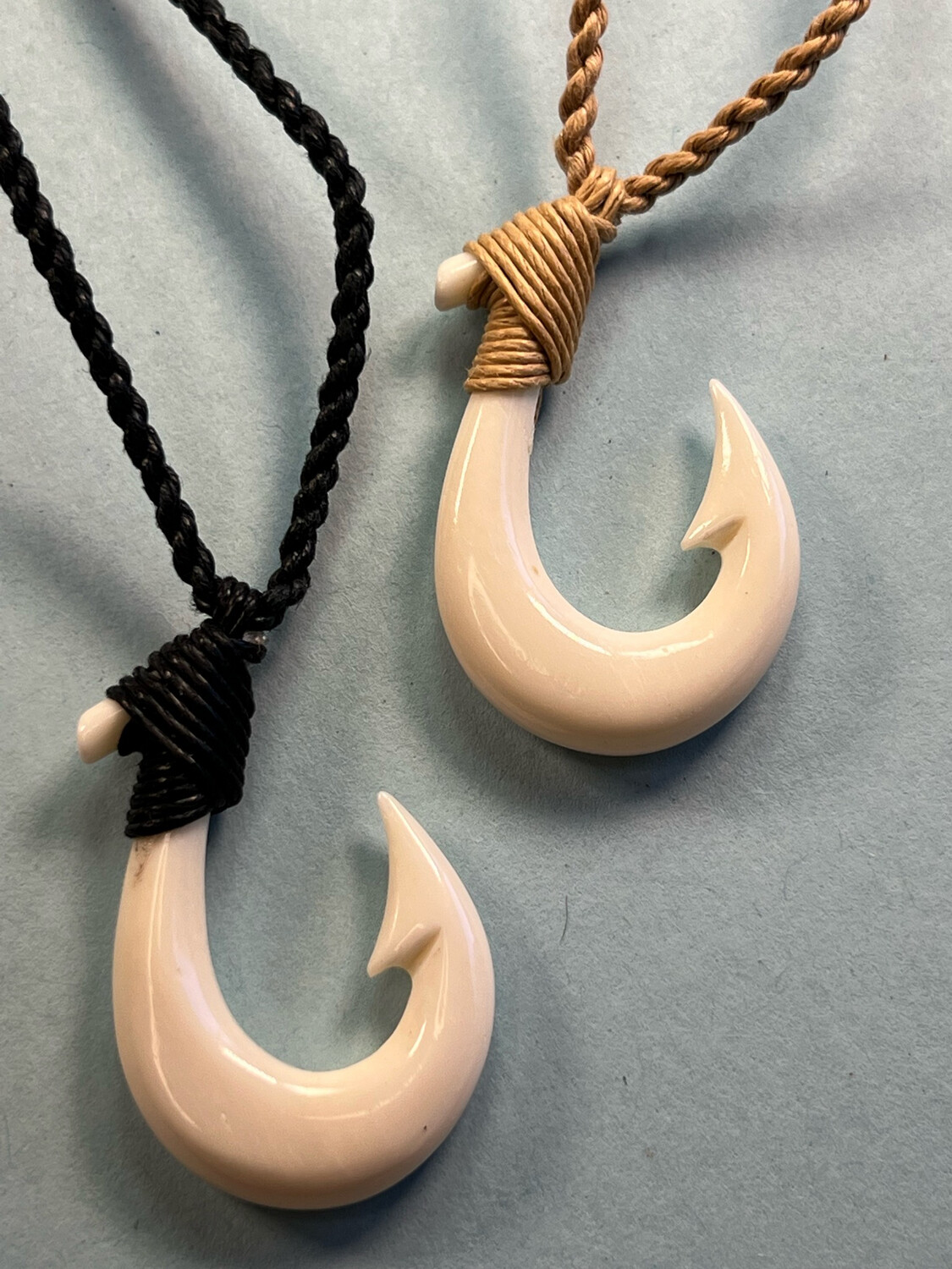Hawaiian Bone Fish Hook Pendant on Adjustable Hand Braided Cord
