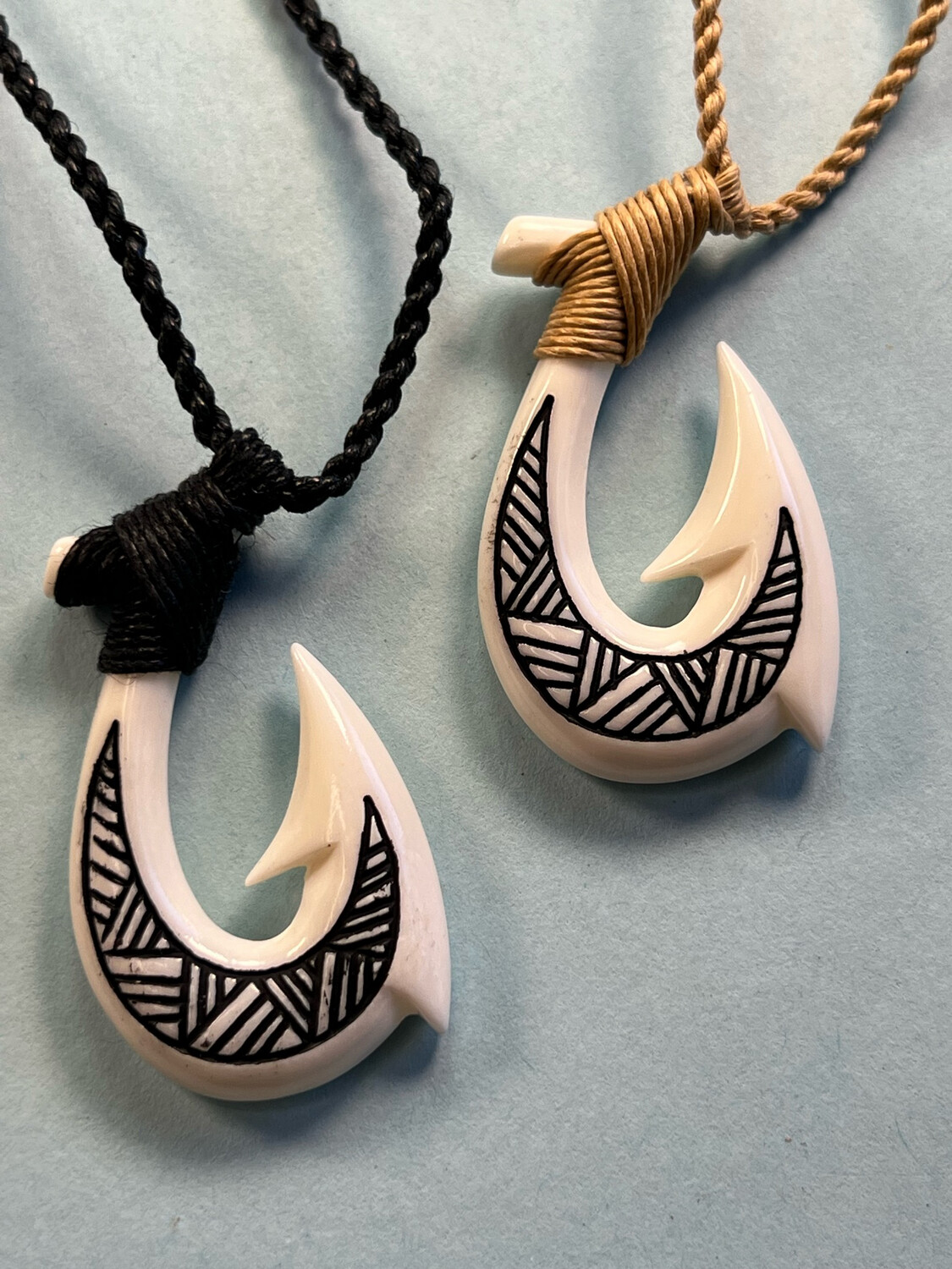Hawaiian Bone Fish Hook with Tribal Design Pendant on Adjustable Hand Braided Cord