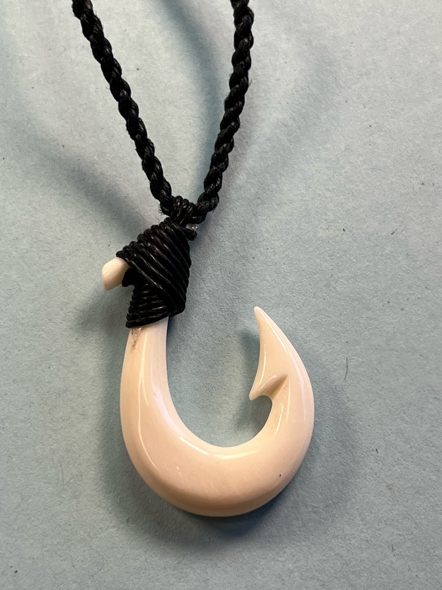 Hawaiian Bone Fish Hook Pendant on Adjustable Hand Braided Cord