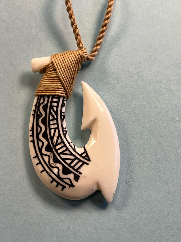 Hawaiian Bone Tribal Fish Hook Pendant on Adjustable Hand Braided Cord