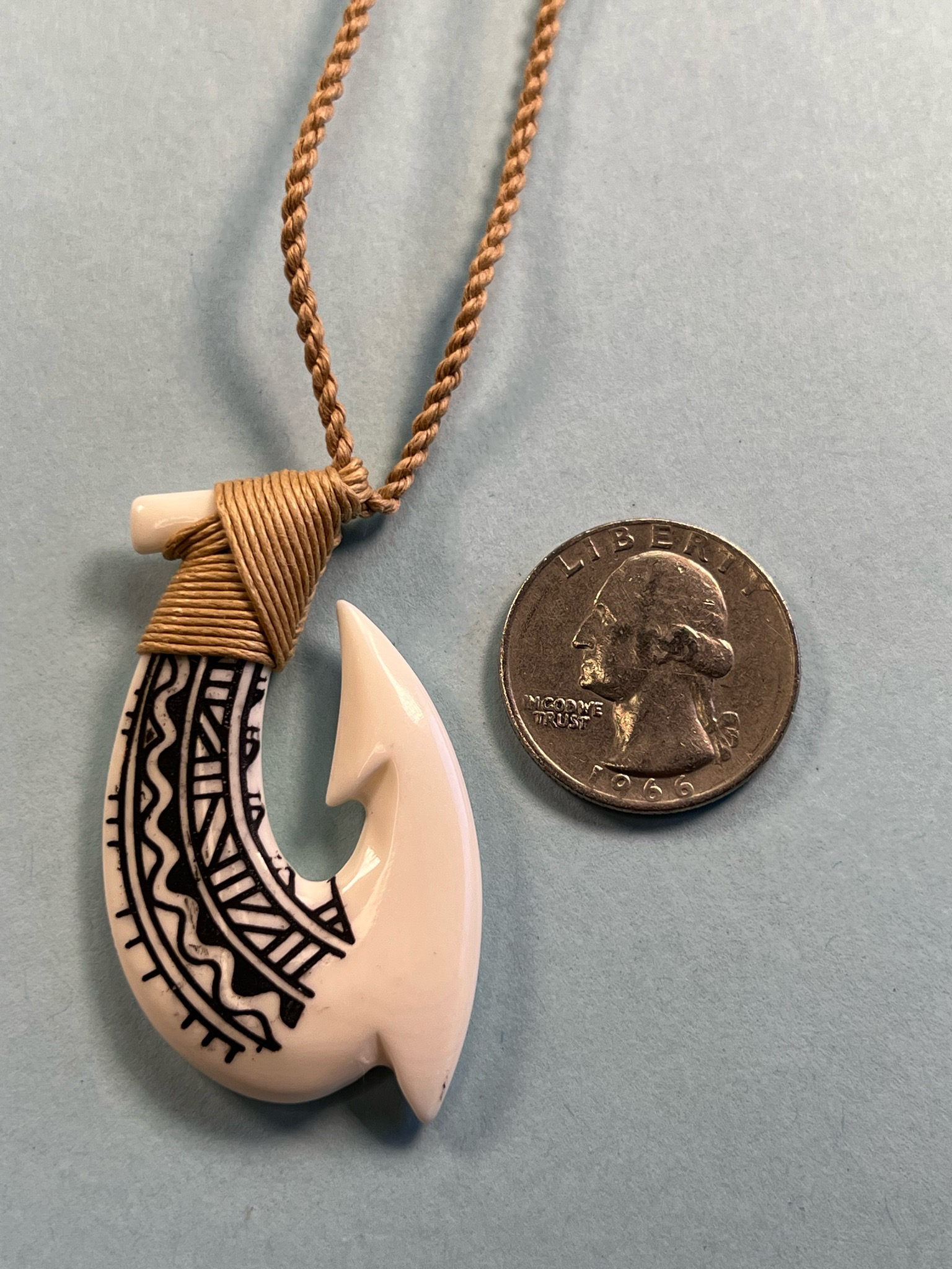 Hawaiian Bone Tribal Fish Hook Pendant on Adjustable Hand Braided Cord