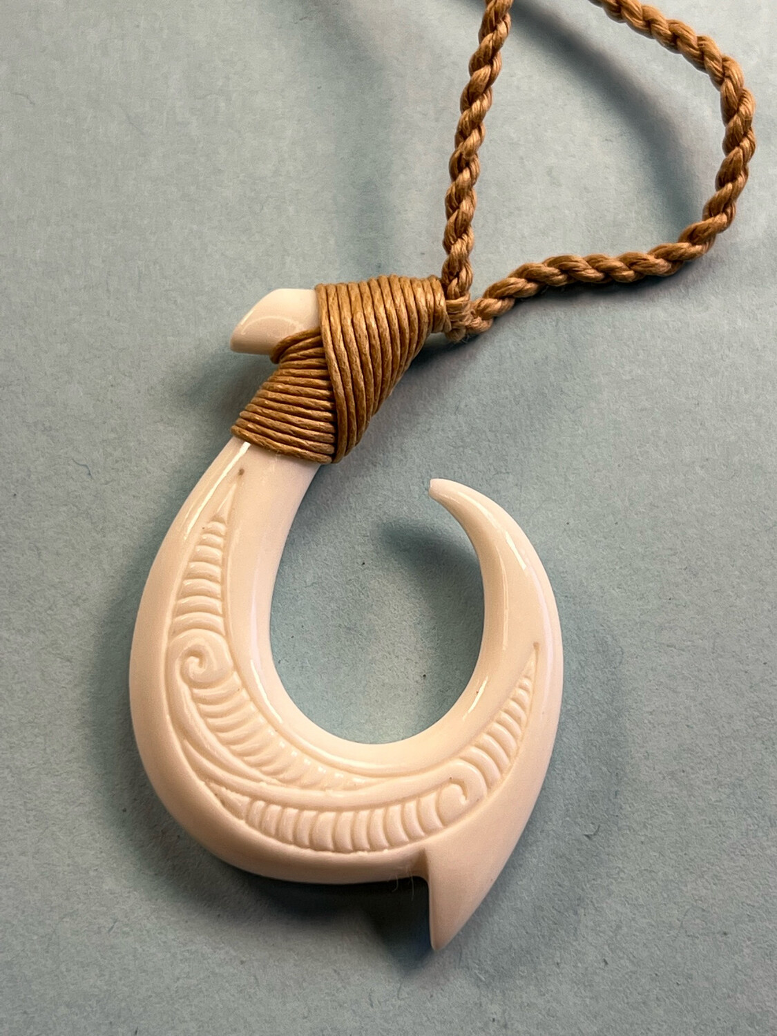 Hawaiian Bone Tribal Fish Hook Pendant on Adjustable Hand Braided