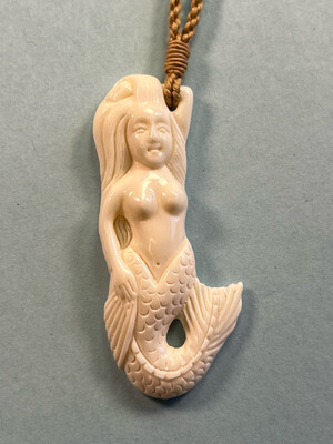 Carved Bone Mermaid Pendant on Adjustable Hand Braided Tan Cord
