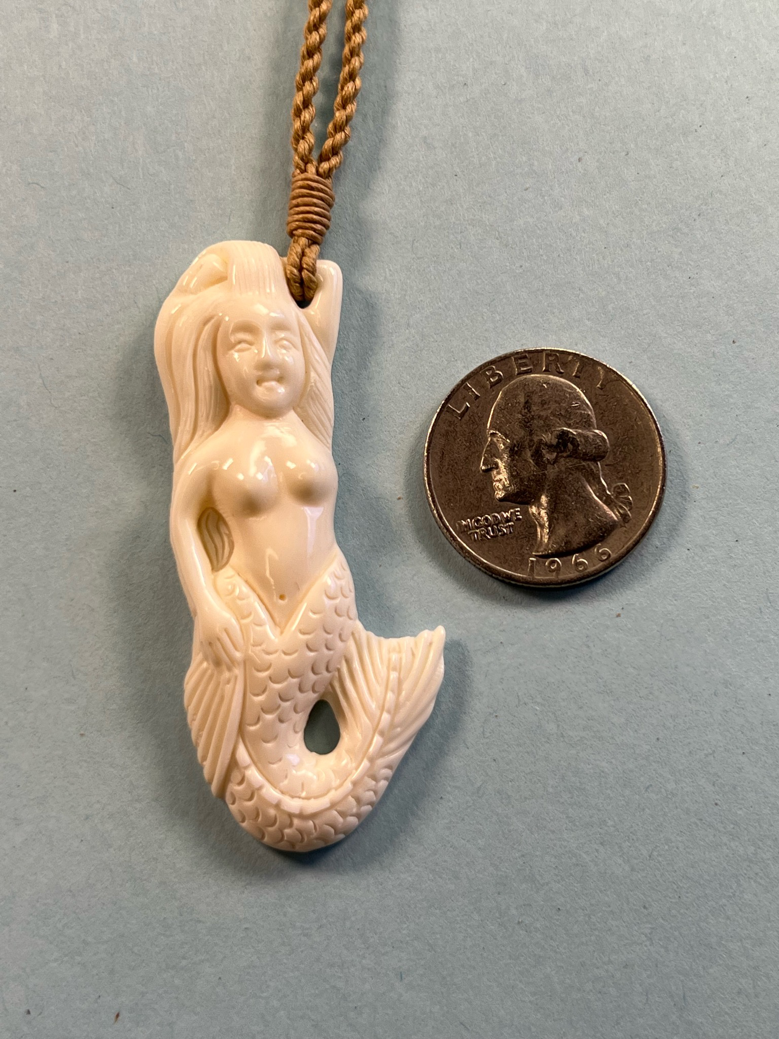 Carved Bone Mermaid Pendant on Adjustable Hand Braided Tan Cord