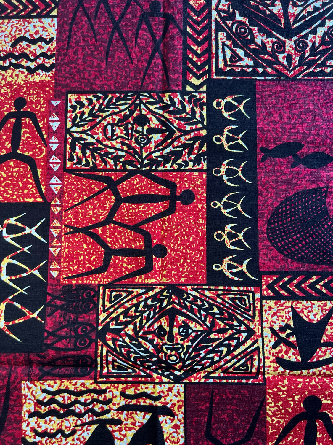 Barkcloth 100% Cotton Fabric, Design: Red, black & gold petroglyphs