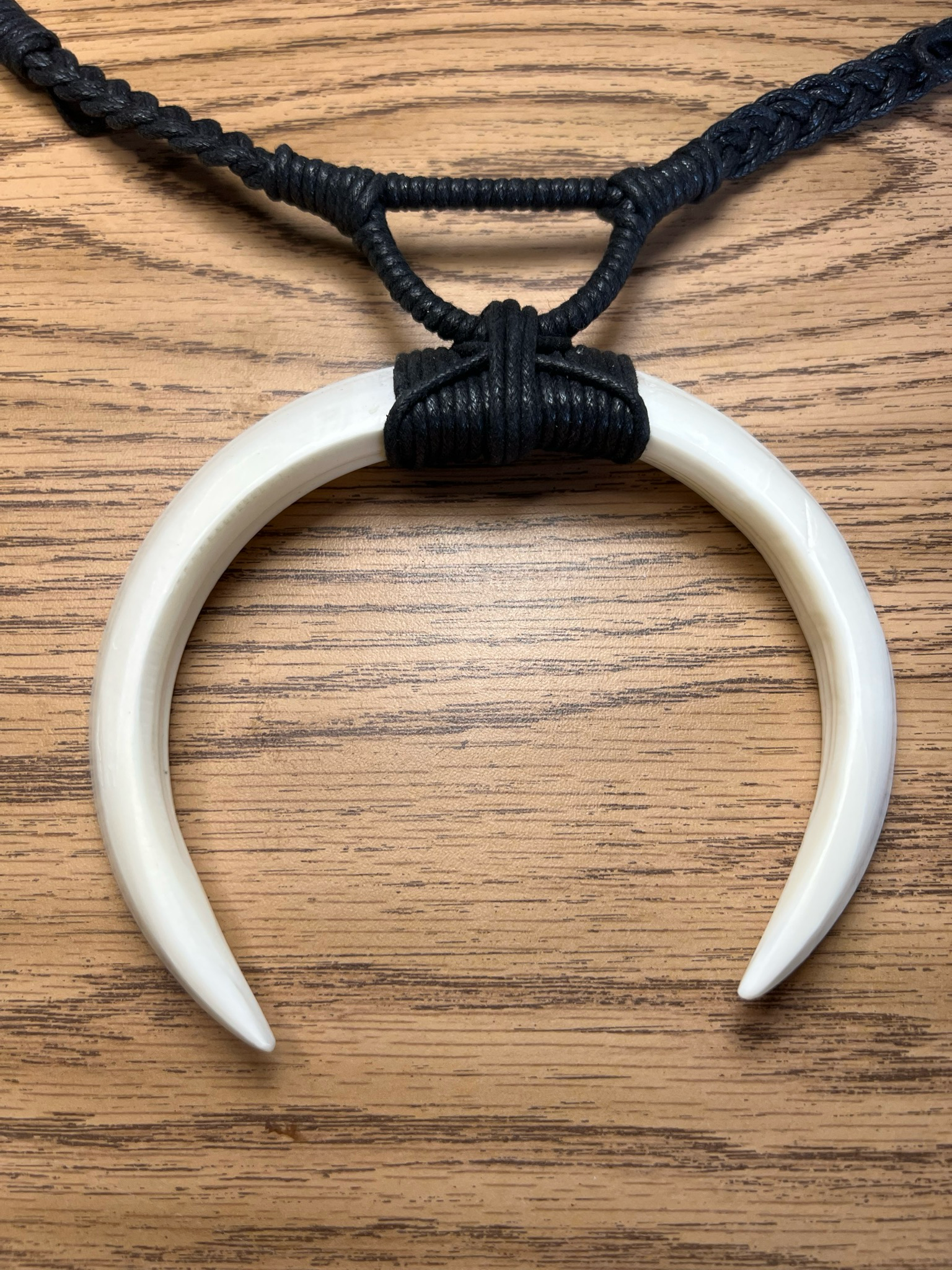 Boars Tusk Double Jointed Necklace - Black Braided Cord - Hawaiian Style