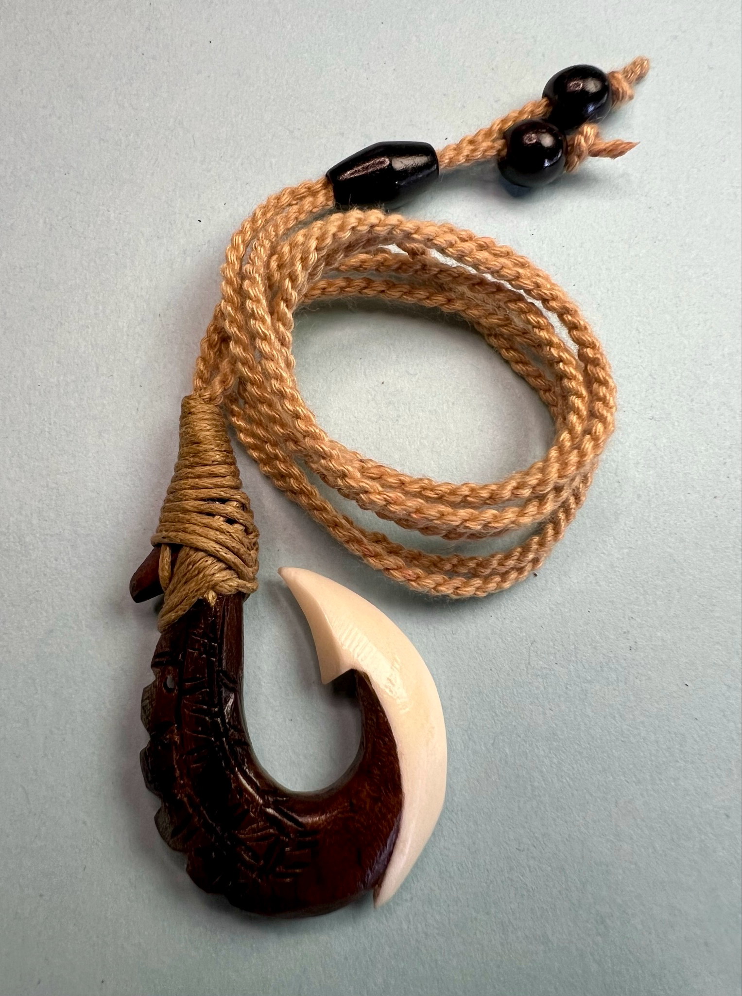 Pacific Teak Hawaiian Fish Hook Pendant on Adjustable Hand Braided Tan Cord
