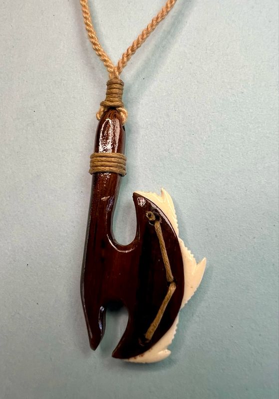 Pacific Teak Hawaiian War Club Pendant with Shark Teeth