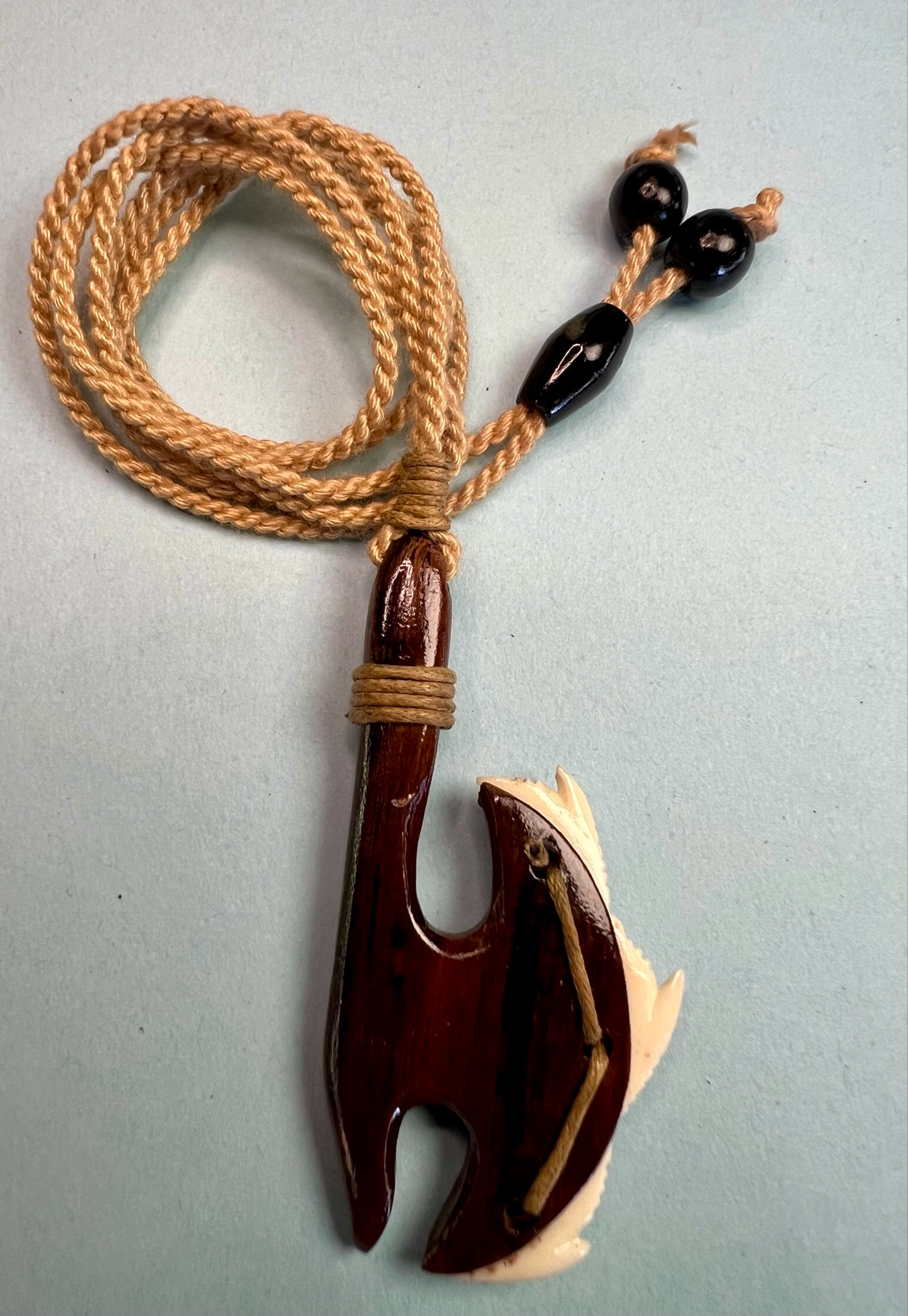 Pacific Teak Hawaiian War Club Pendant with Shark Teeth