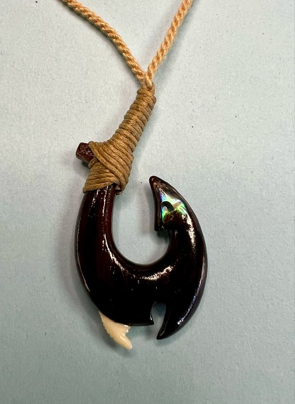 Pacific Teak Hawaiian Fish Hook Pendant on Adjustable Hand Braided Tan Cord