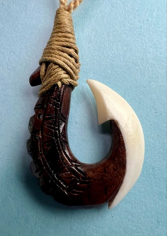 Pacific Teak Hawaiian Fish Hook Pendant on Adjustable Hand Braided Tan Cord