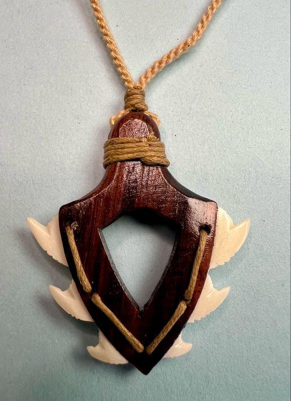 Pacific Teak Hawaiian War Club Pendant with Shark Teeth