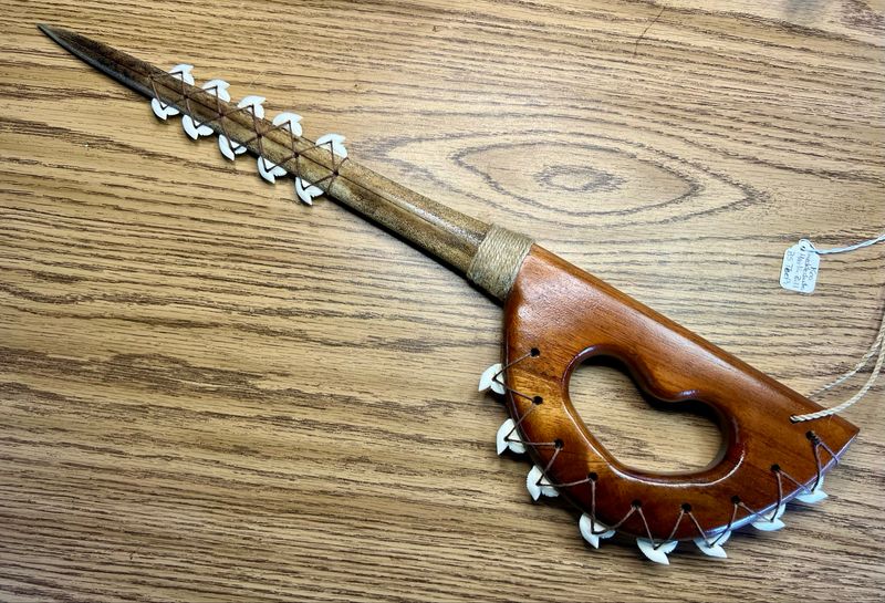Hawaiian Marlin Bill Koa Knuckle Duster Weapon with Real Tiger Shark Teeth 21"