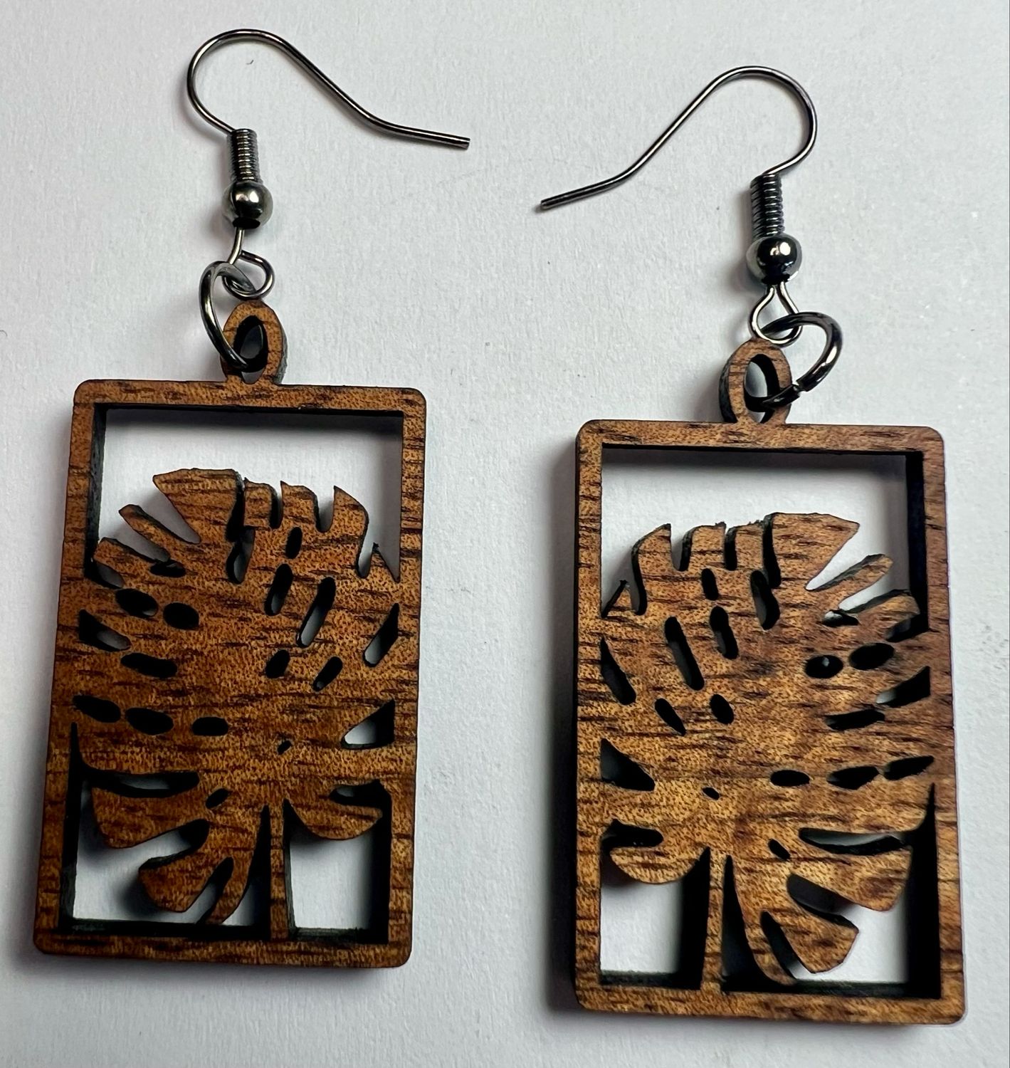 Rectangle Monstera Koa Dangle Earrings