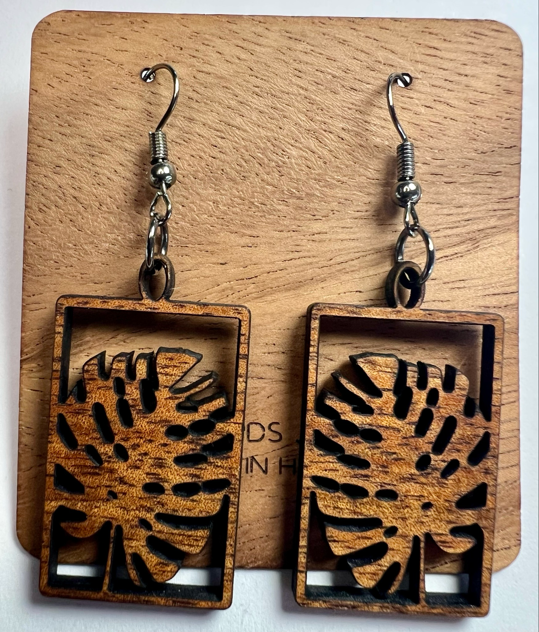 Rectangle Monstera Koa Dangle Earrings