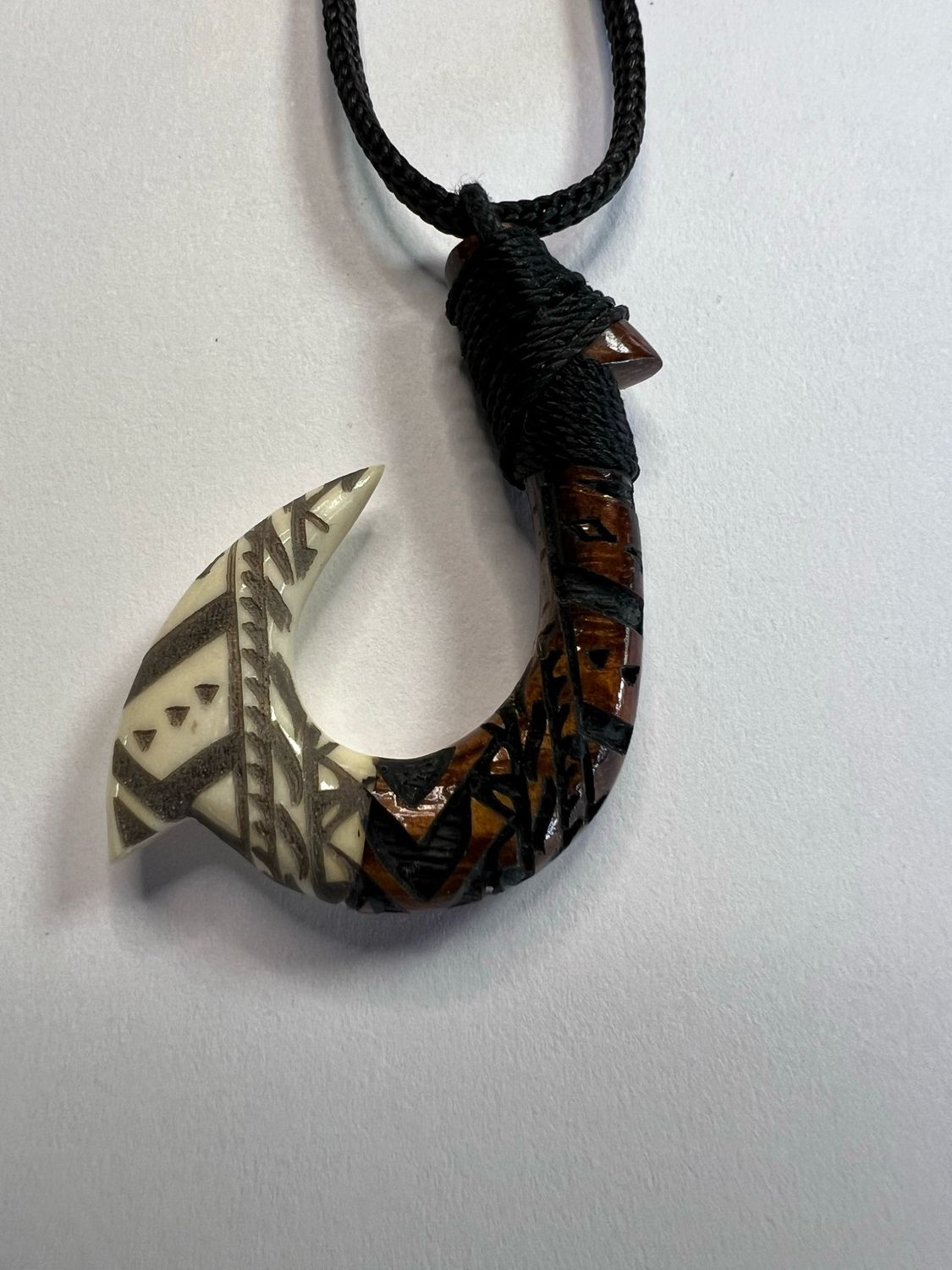 Koa and Bone Fish Hook Pendant on Adjustable Black Cord