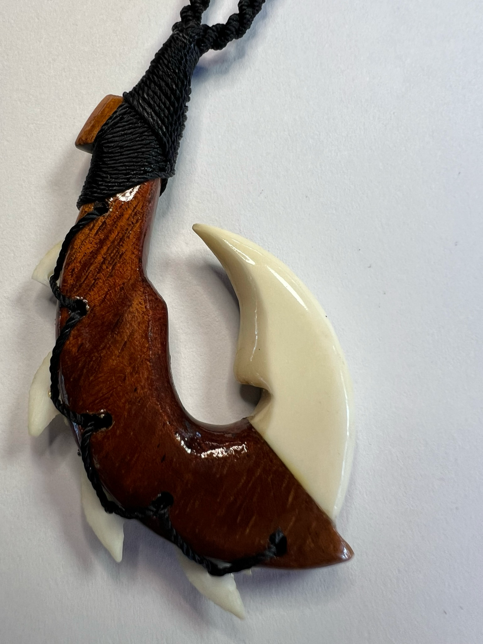 Koa and Bone Fish Hook Pendant with Tribal Design and Shark Teeth