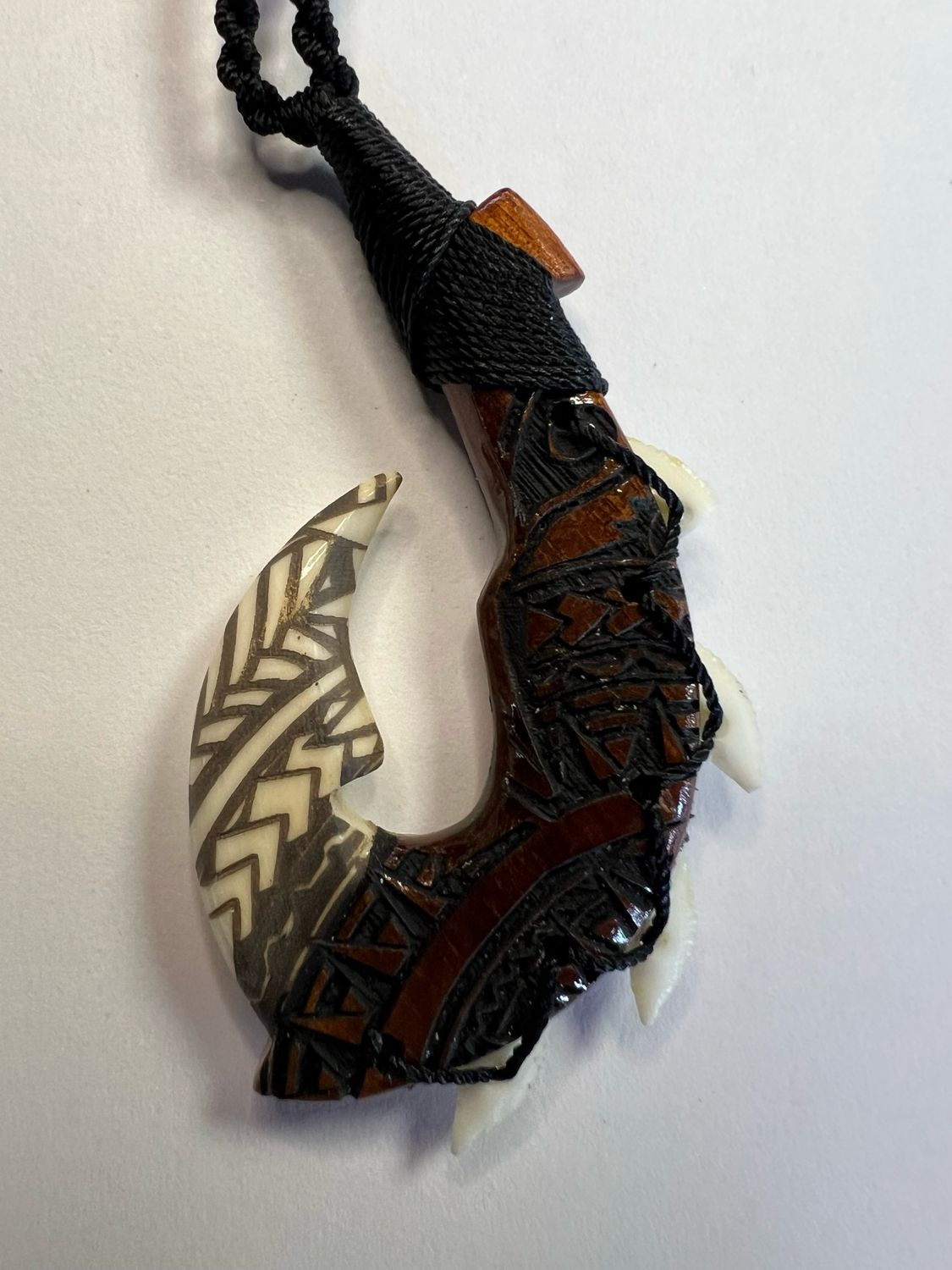 Koa and Bone Fish Hook Pendant with Tribal Design and Shark Teeth